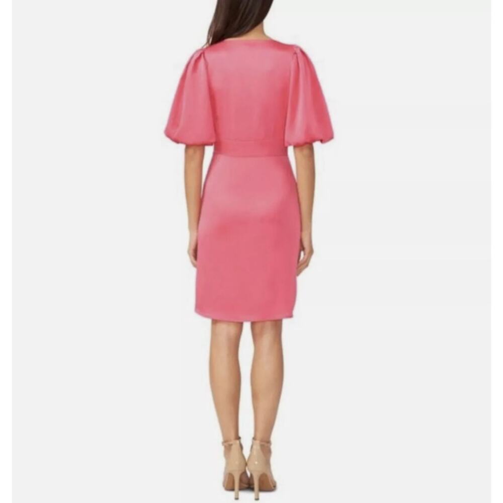 Halogen Puff Sleeve Satin Dress V-Neck Empire Waist Hot Pink Womens Size Medium - Picture 2 of 10